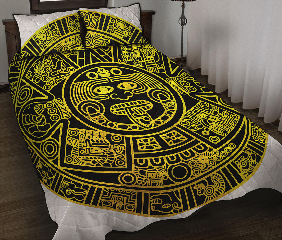 Black And Yellow Maya Calendar Print Quilt Bed Set