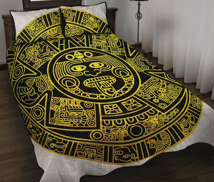 Black And Yellow Maya Calendar Print Quilt Bed Set