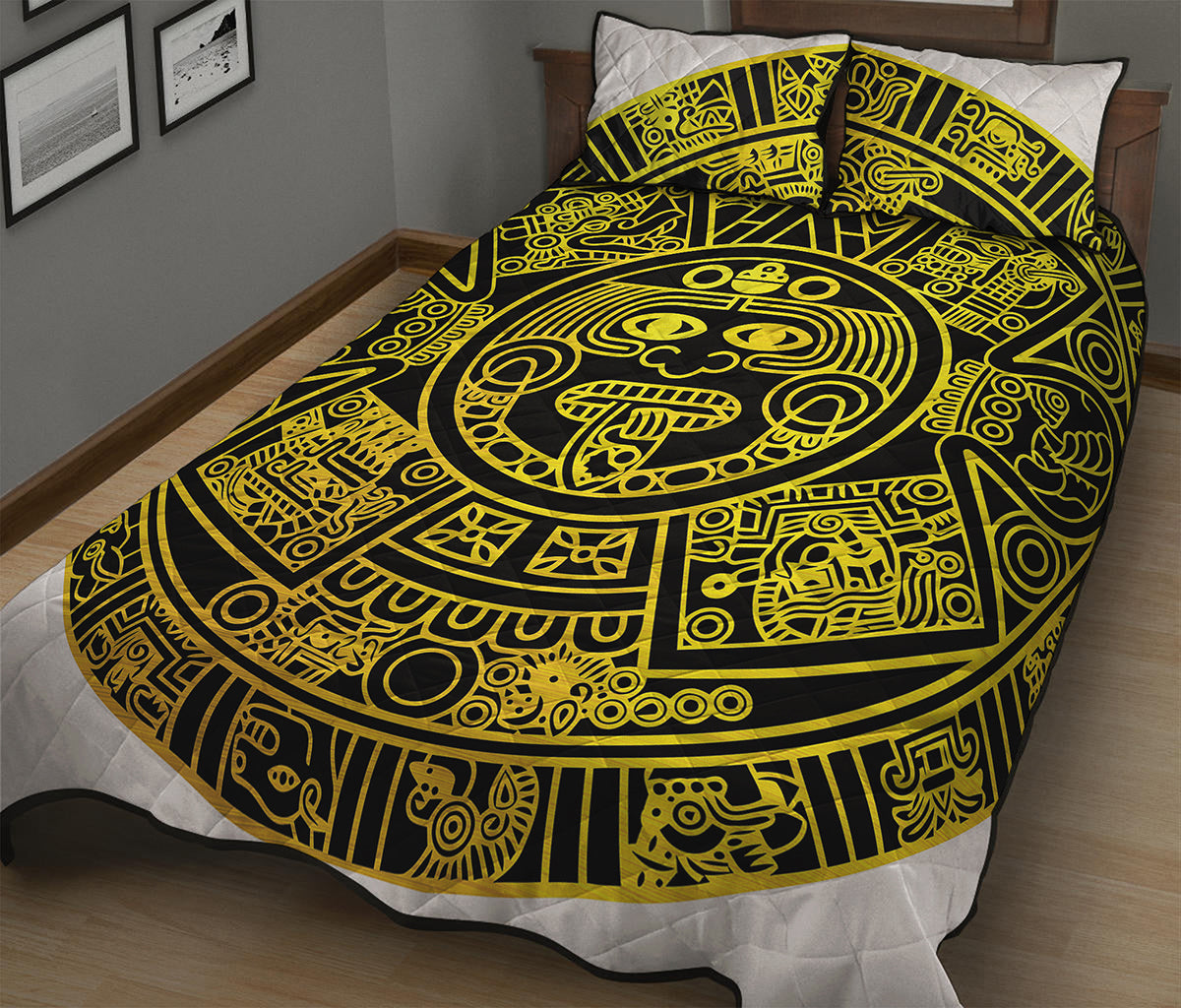Black And Yellow Maya Calendar Print Quilt Bed Set