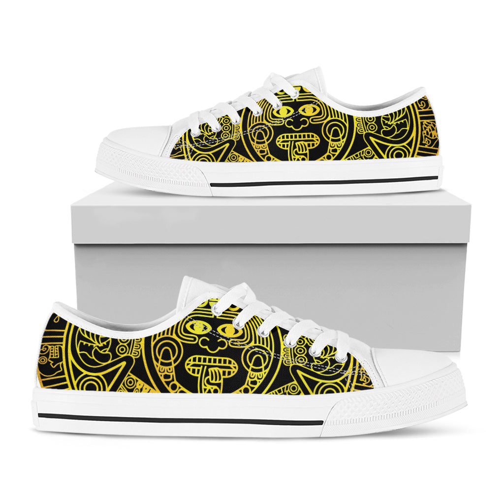 Black And Yellow Maya Calendar Print White Low Top Shoes