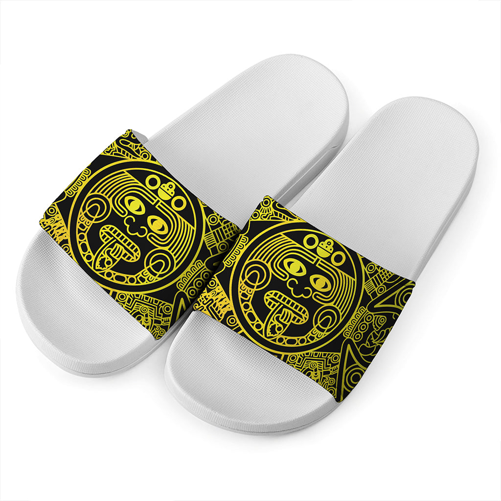 Black And Yellow Maya Calendar Print White Slide Sandals