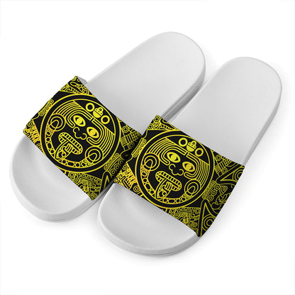 Black And Yellow Maya Calendar Print White Slide Sandals