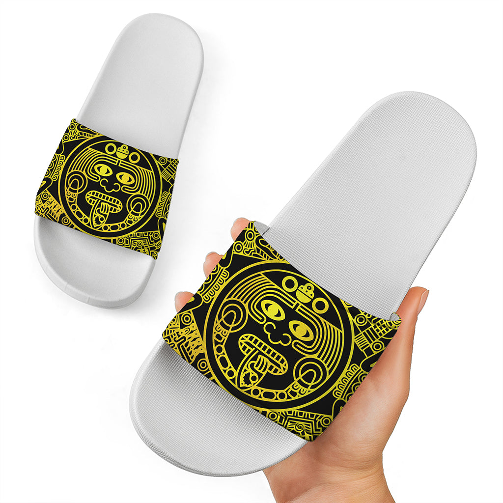 Black And Yellow Maya Calendar Print White Slide Sandals