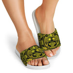 Black And Yellow Maya Calendar Print White Slide Sandals