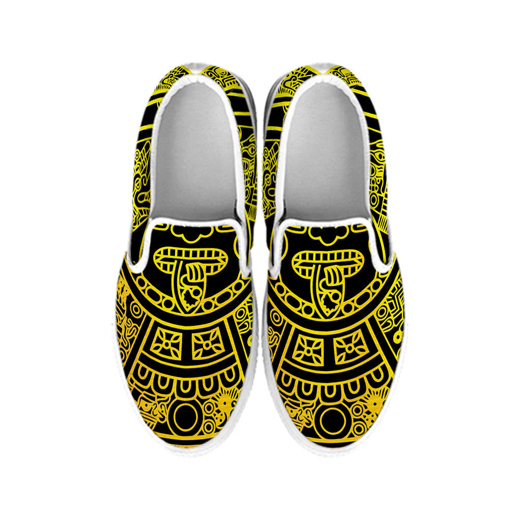 Black And Yellow Maya Calendar Print White Slip On Shoes