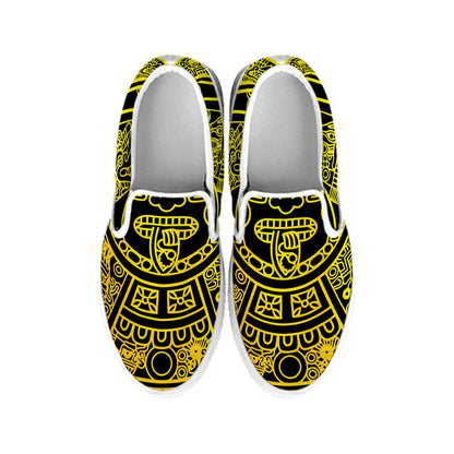 Black And Yellow Maya Calendar Print White Slip On Shoes