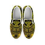 Black And Yellow Maya Calendar Print White Slip On Shoes