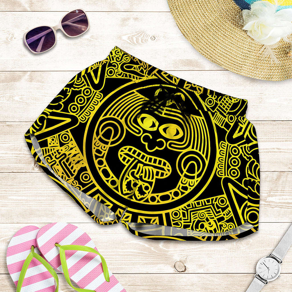 Black And Yellow Maya Calendar Print Women's Shorts