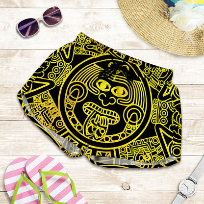 Black And Yellow Maya Calendar Print Women's Shorts