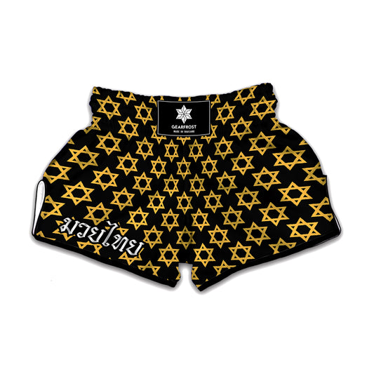 Black And Yellow Star of David Print Muay Thai Boxing Shorts