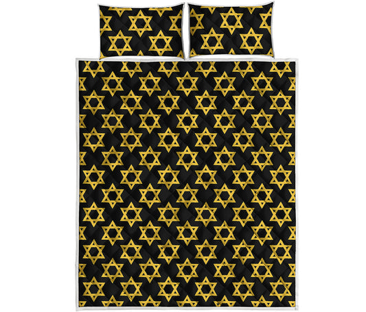 Black And Yellow Star of David Print Quilt Bed Set