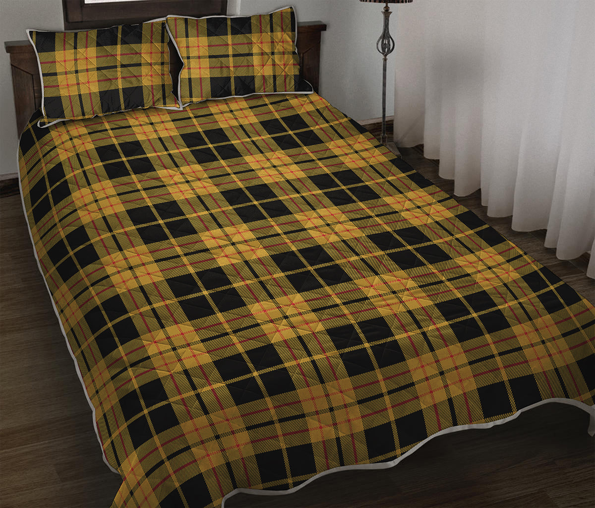Black And Yellow Tartan Pattern Print Quilt Bed Set