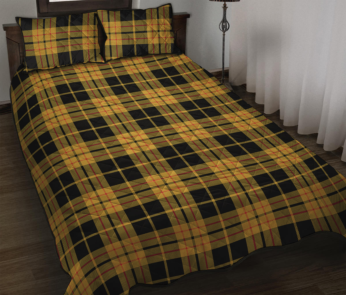 Black And Yellow Tartan Pattern Print Quilt Bed Set