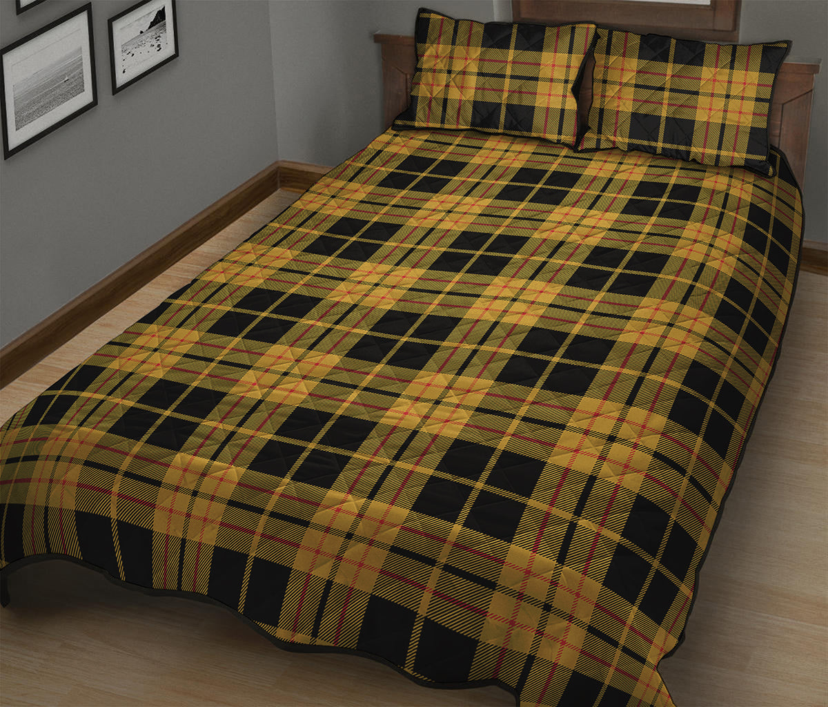 Black And Yellow Tartan Pattern Print Quilt Bed Set