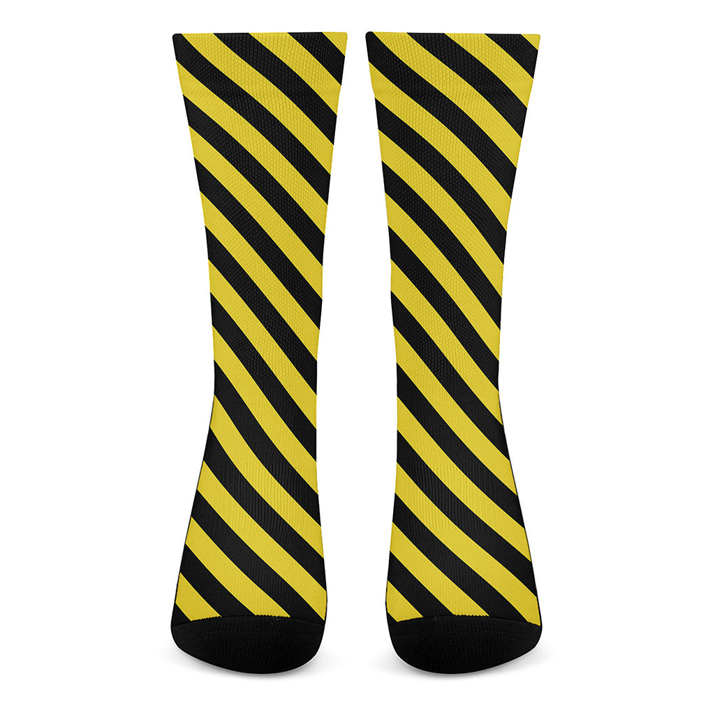Black And Yellow Warning Striped Print Crew Socks