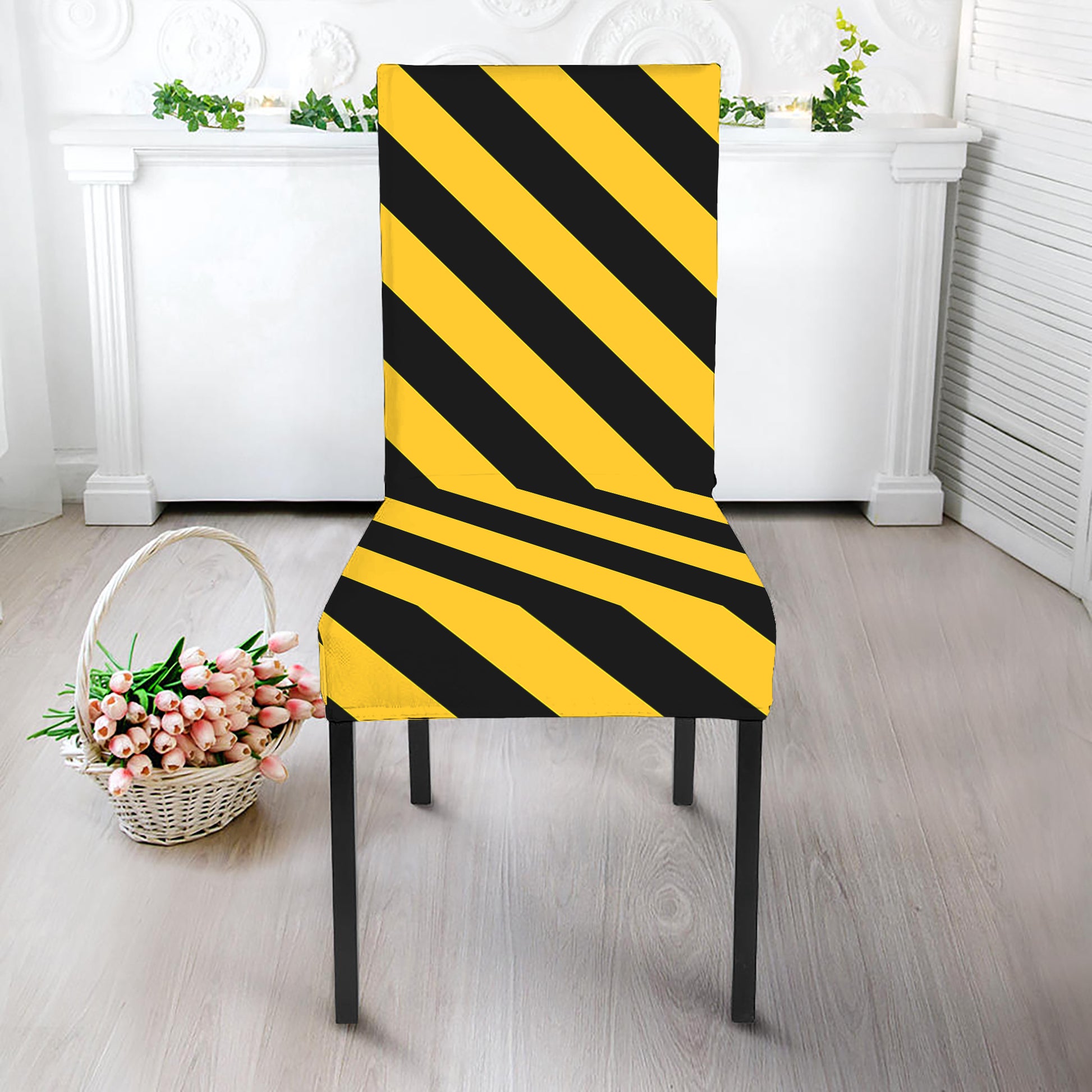 Black And Yellow Warning Striped Print Dining Chair Slipcover