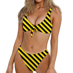 Black And Yellow Warning Striped Print Front Bow Tie Bikini