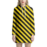 Black And Yellow Warning Striped Print Hoodie Dress