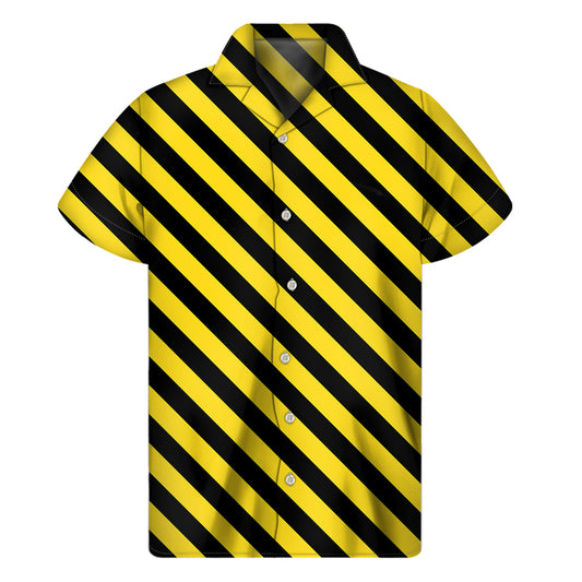 Black And Yellow Warning Striped Print Men's Short Sleeve Shirt