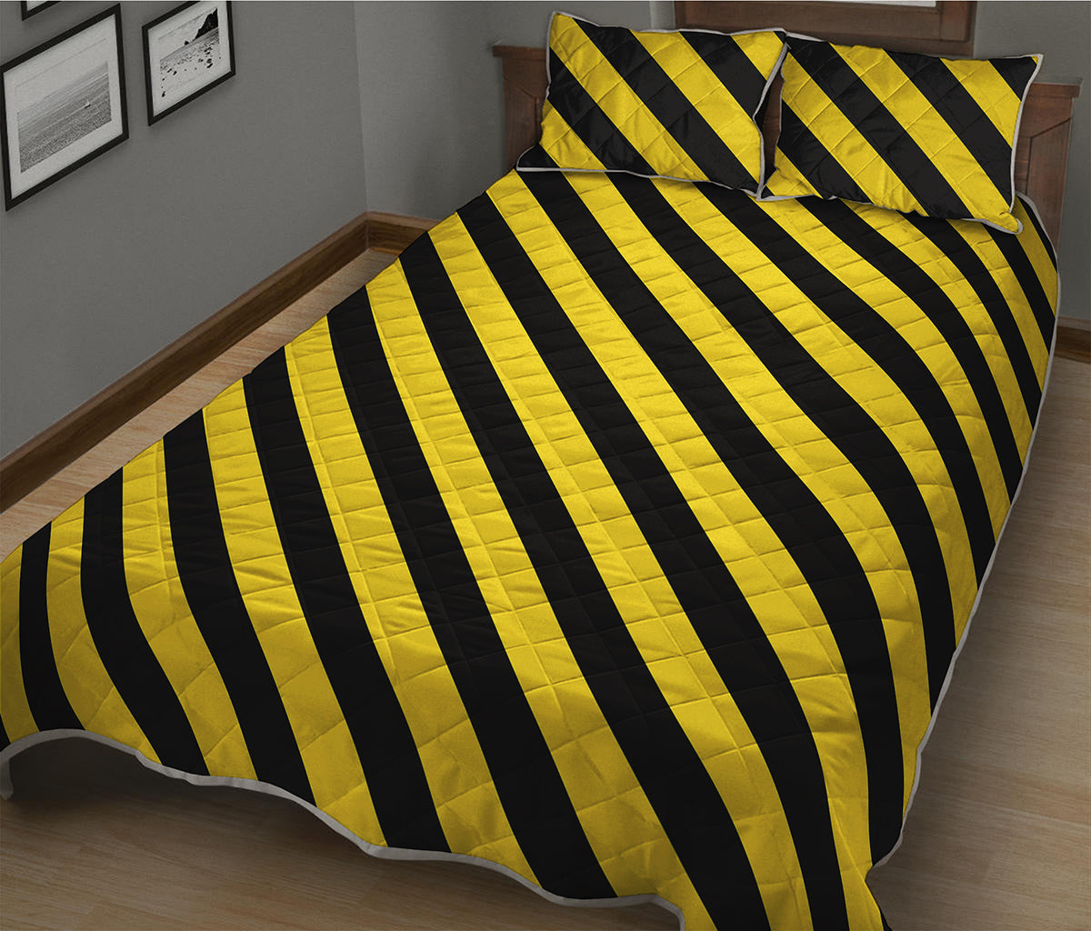 Black And Yellow Warning Striped Print Quilt Bed Set