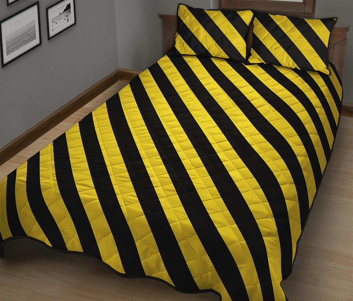Black And Yellow Warning Striped Print Quilt Bed Set