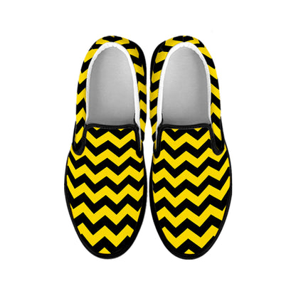 Black And Yellow Zigzag Pattern Print Black Slip On Shoes