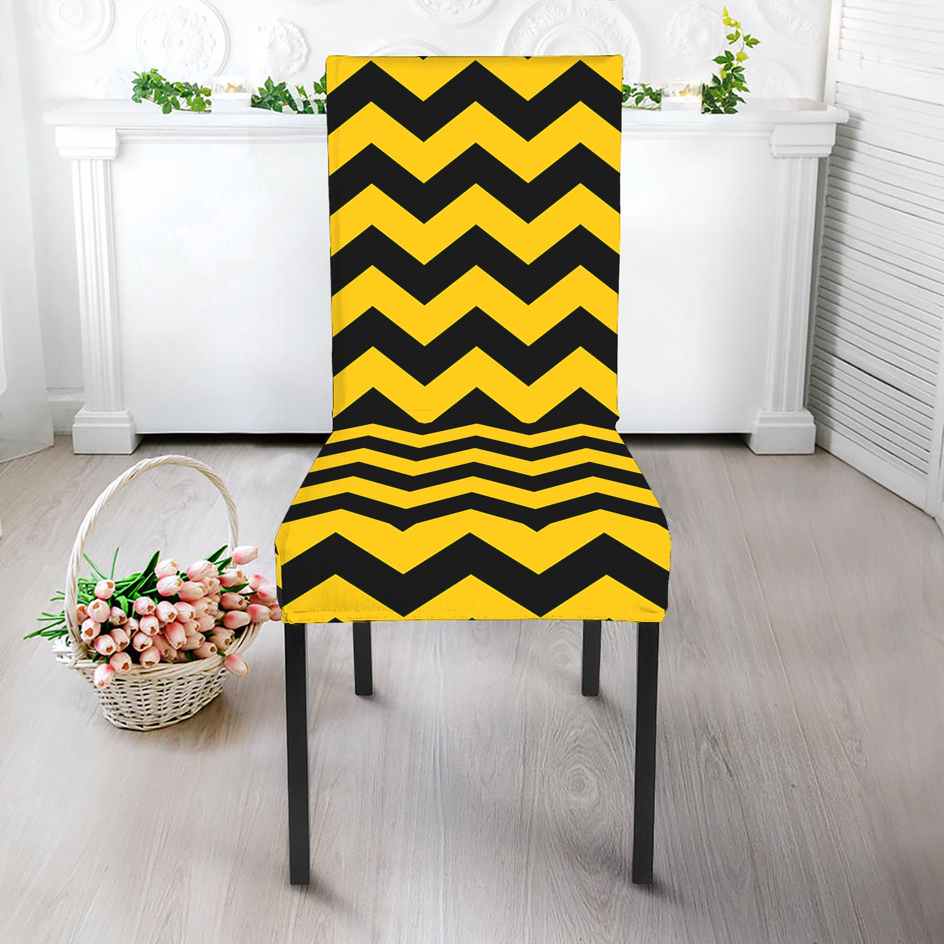 Black And Yellow Zigzag Pattern Print Dining Chair Slipcover