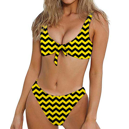 Black And Yellow Zigzag Pattern Print Front Bow Tie Bikini