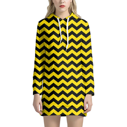 Black And Yellow Zigzag Pattern Print Hoodie Dress