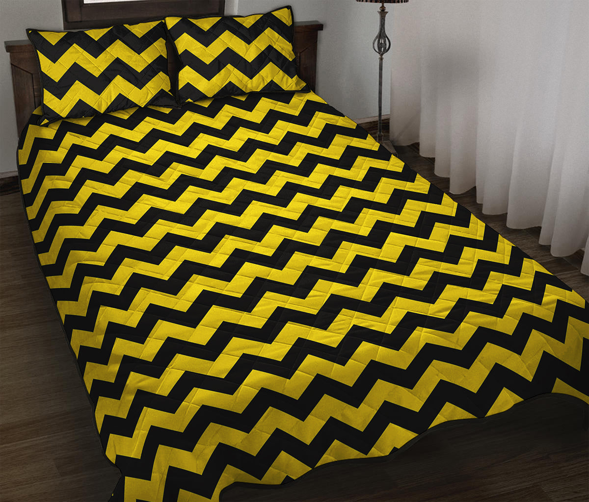 Black And Yellow Zigzag Pattern Print Quilt Bed Set