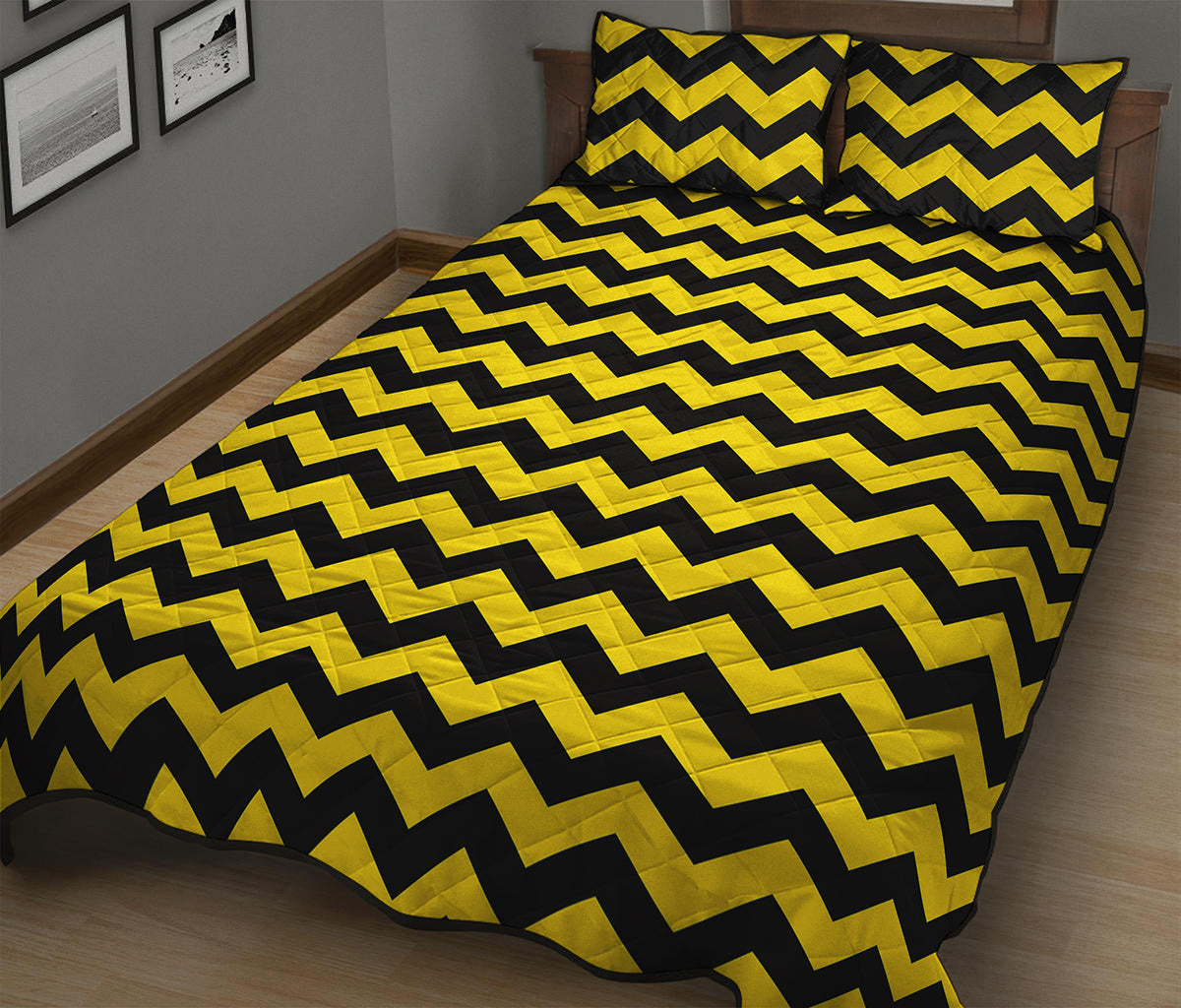 Black And Yellow Zigzag Pattern Print Quilt Bed Set
