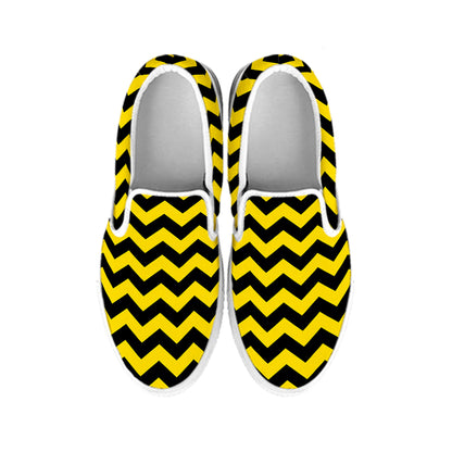 Black And Yellow Zigzag Pattern Print White Slip On Shoes
