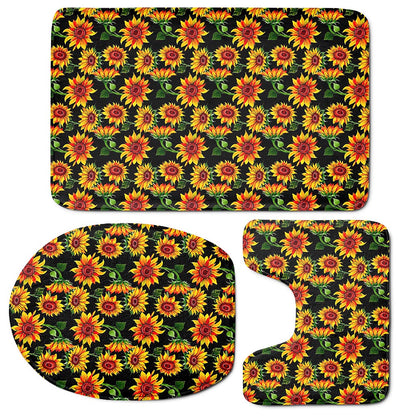 Black Autumn Sunflower Pattern Print 3 Piece Bath Mat Set