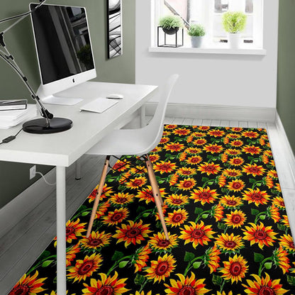 Black Autumn Sunflower Pattern Print Area Rug GearFrost