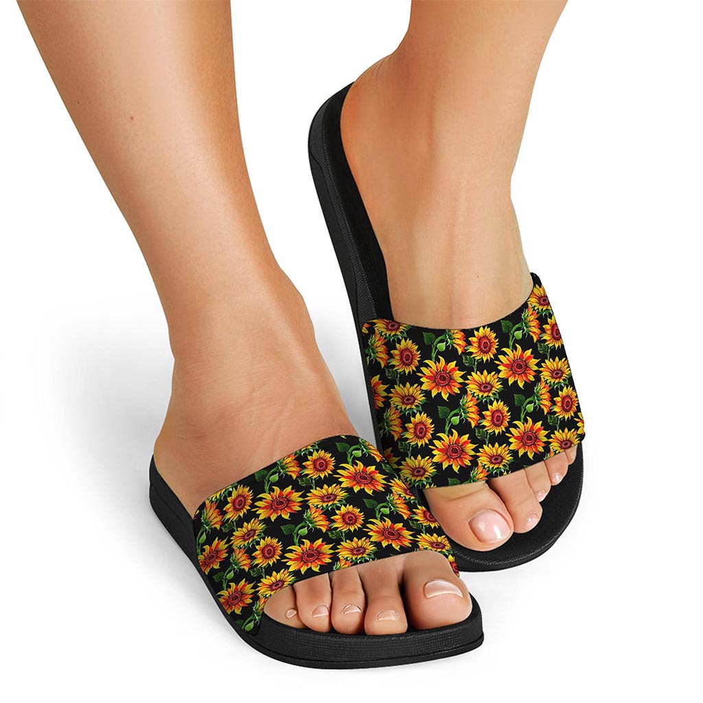 Black Autumn Sunflower Pattern Print Black Slide Sandals