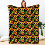 Black Autumn Sunflower Pattern Print Blanket