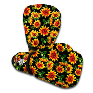 Black Autumn Sunflower Pattern Print Boxing Gloves