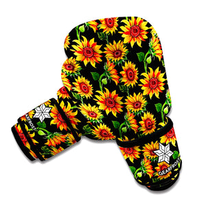 Black Autumn Sunflower Pattern Print Boxing Gloves