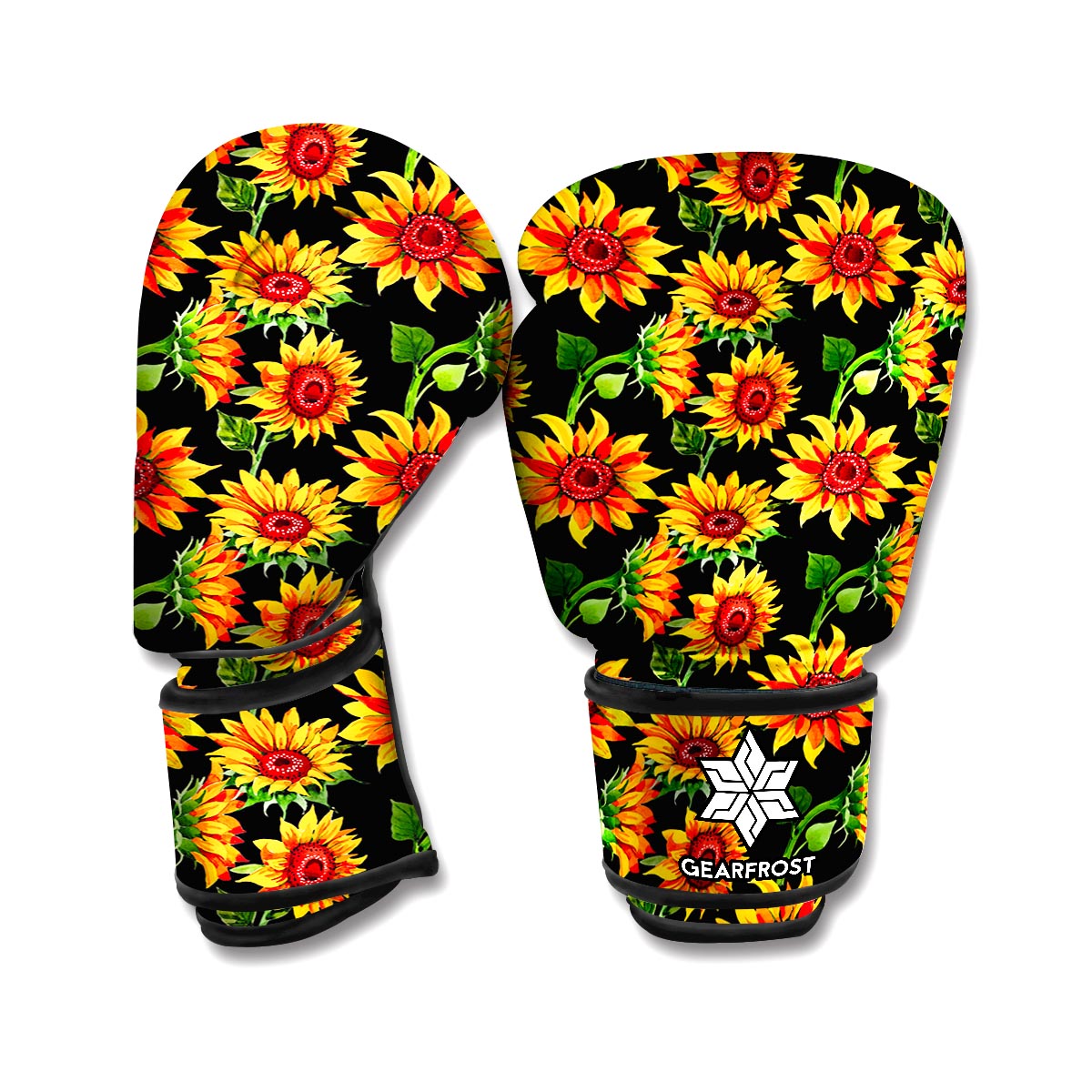 Black Autumn Sunflower Pattern Print Boxing Gloves