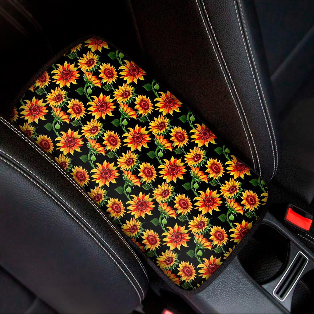 Black Autumn Sunflower Pattern Print Car Center Console Cover