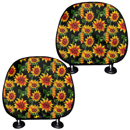 Black Autumn Sunflower Pattern Print Car Headrest Covers