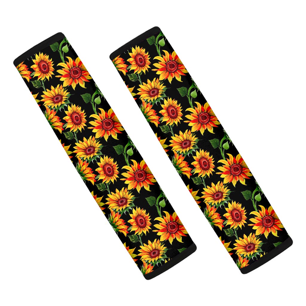 Black Autumn Sunflower Pattern Print Car Seat Belt Covers