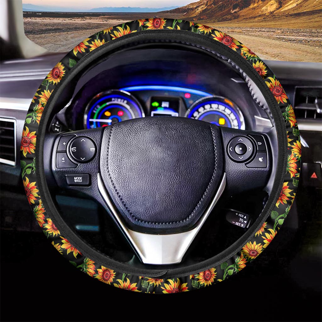 Black Autumn Sunflower Pattern Print Car Steering Wheel Cover