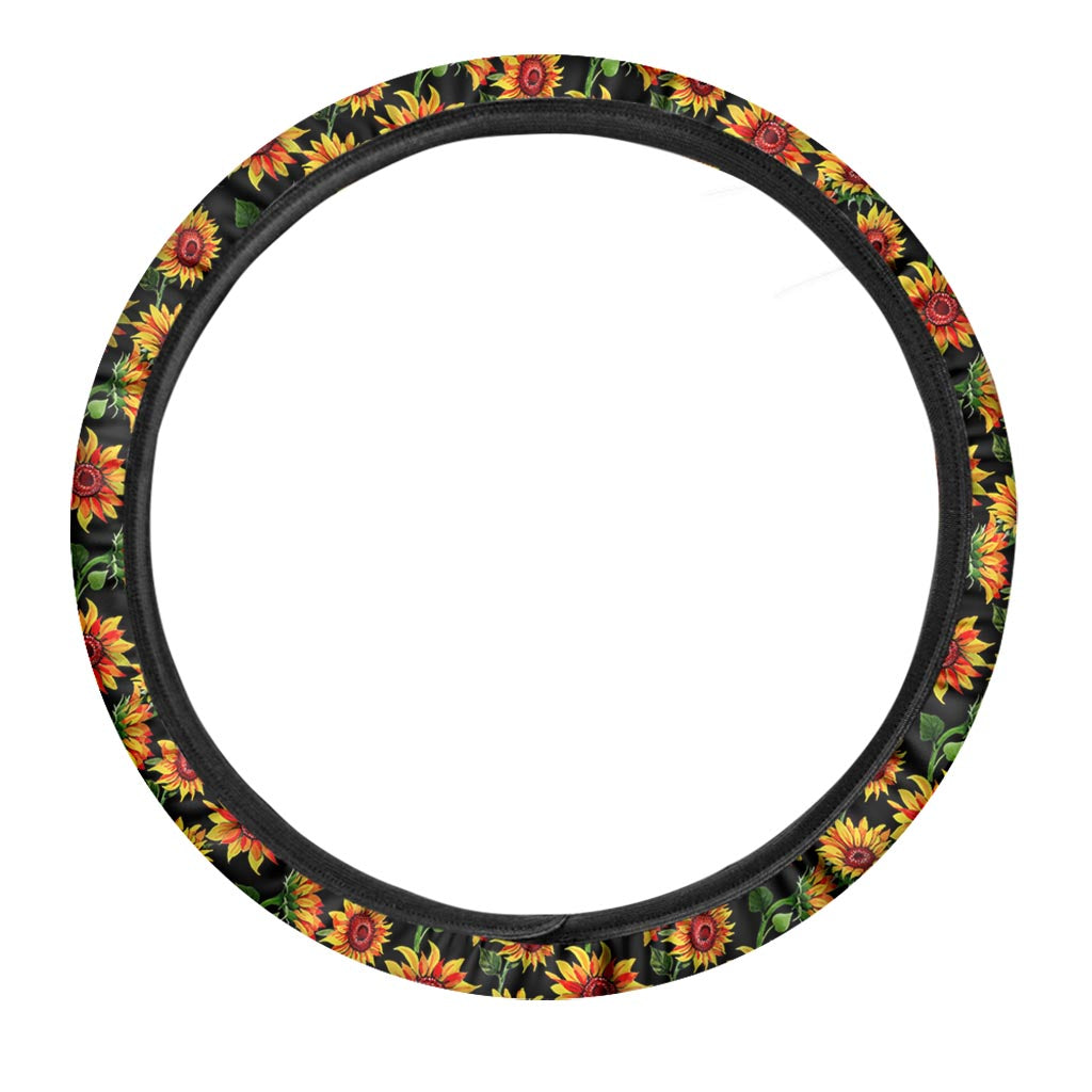 Black Autumn Sunflower Pattern Print Car Steering Wheel Cover