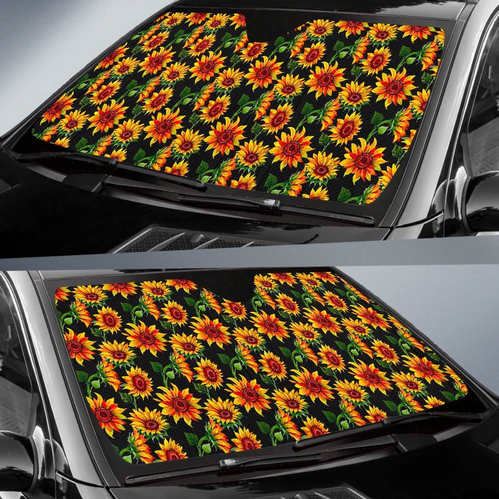 Black Autumn Sunflower Pattern Print Car Sun Shade GearFrost
