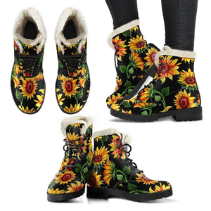 Black Autumn Sunflower Pattern Print Comfy Boots GearFrost