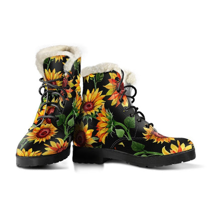 Black Autumn Sunflower Pattern Print Comfy Boots GearFrost