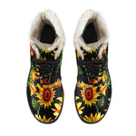 Black Autumn Sunflower Pattern Print Comfy Boots GearFrost