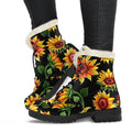 Black Autumn Sunflower Pattern Print Faux Fur Leather Boots