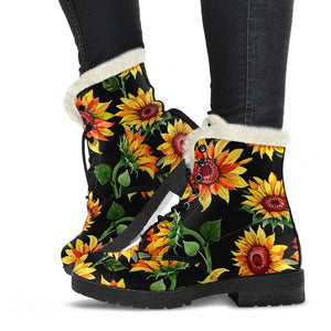 Black Autumn Sunflower Pattern Print Comfy Boots GearFrost